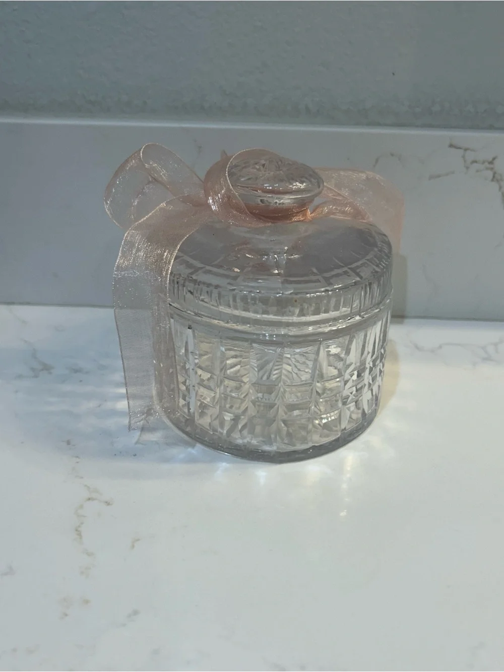 Crystal Glass Trinket Lidded Box intricate faceted panels with Pale Pink Ribbon